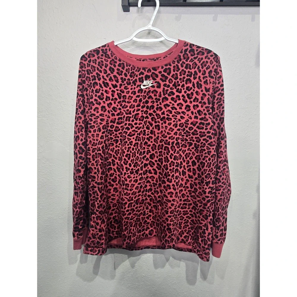 Nike Long Sleeve Shirt Womens XL Pink Red Leopard Print Cotton‎ DM2767-661